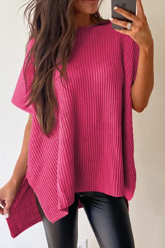 Weekend Bargains to Enjoy Rose Red Side Slit Short Sleeve Oversized Sweater