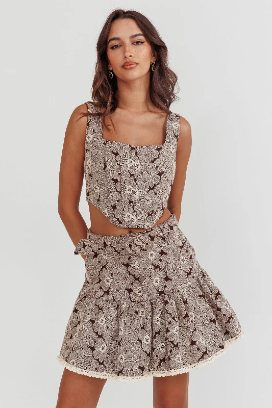 Super Deal Southern Belles Belted Waist Mini Skirt Floral Brown