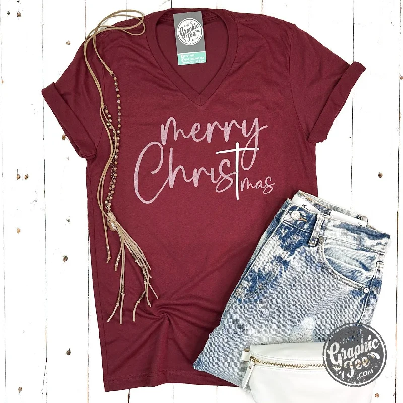 Special Buy Merry ChrisTmas Heather Cardinal V Neck Short Sleeve Tee