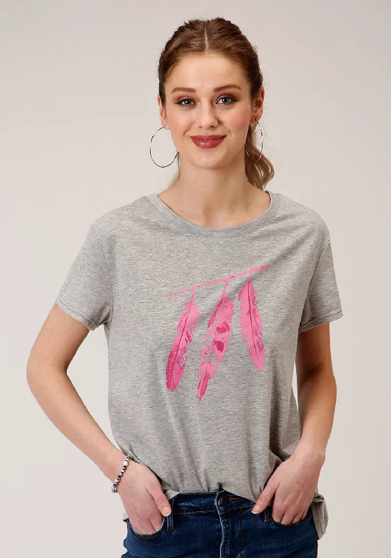 Midnight Madness Roper Womens Grey Poly/Rayon Pink Feathers S/S T-Shirt