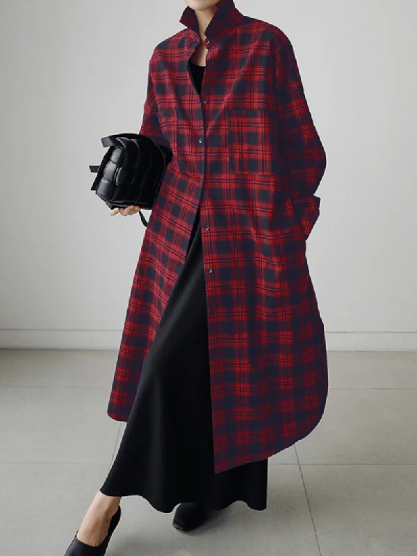 Hot Buy Women Plaid Retro Button Cuffs Split Side Pockets Lapel Long Sleeve Shirtdress Cardigan
