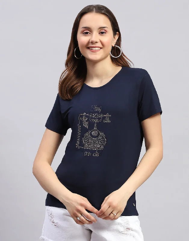 Special Discount Women Navy Blue Printed Round Neck Half Sleeve Top