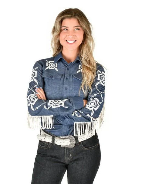 Weekend Specials to Enjoy Cowgirl Tuff Womens Cream Aztec Fringe Denim Rayon/Poly L/S Shirt