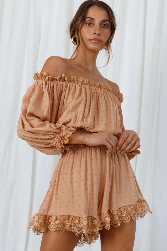 Unbeatable Prices Romilly Scalloped Lace Trim Off-Shoulder Top Tan