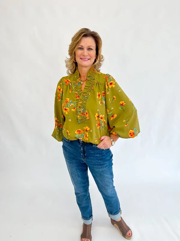 Weekend Savings Delight Sophia Smocked Blouse-Olive