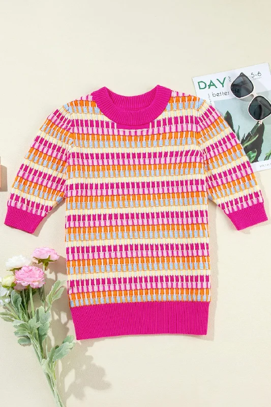 Closeout Contrast Round Neck Half Sleeve Knit Top