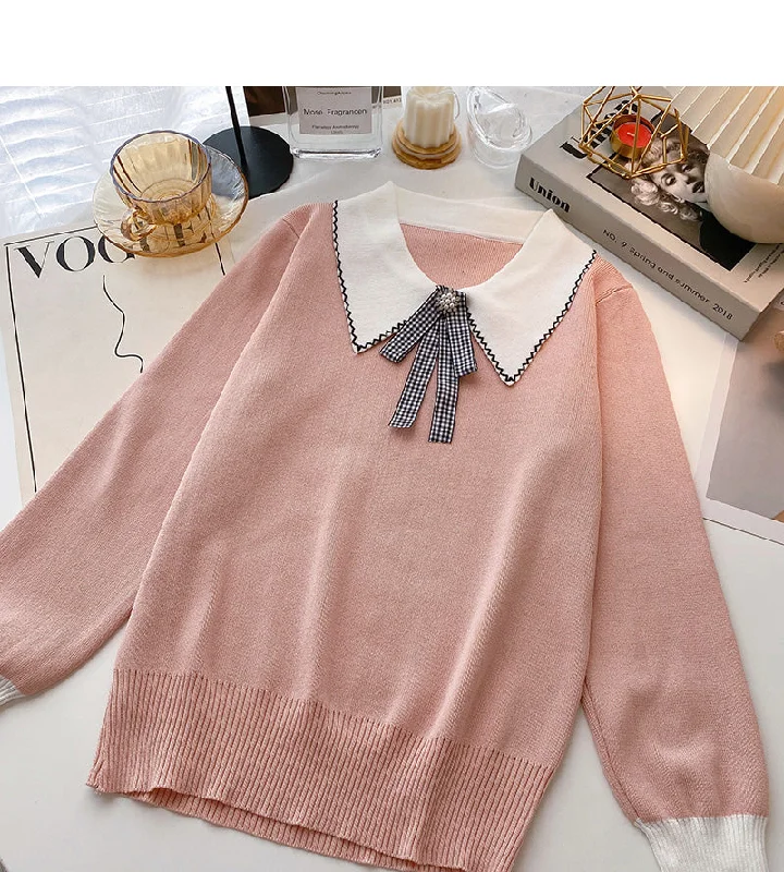 Low Cost Long sleeve T-shirt design sense nail bead contrast bow top  6605