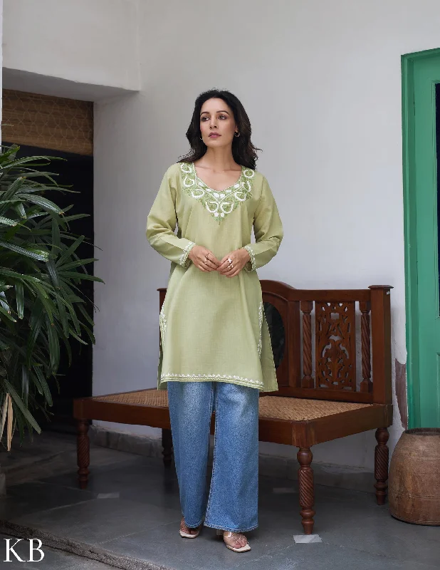 Instant Discount Nigeen Kashmiri Aari Light Green Kurti