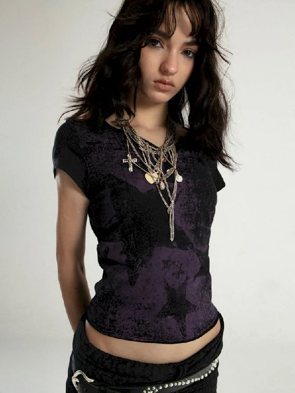 Online Exclusive PUNK STAR Print Dirty Short Sleeve Short T-Shirt [S0000008484]