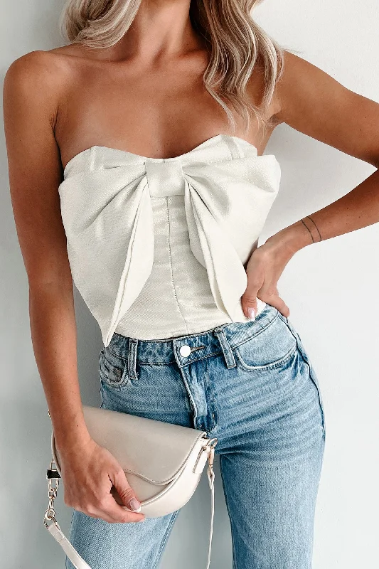Lowest Price Flirty Glamour Strapless Bow Crop Top (Off White)