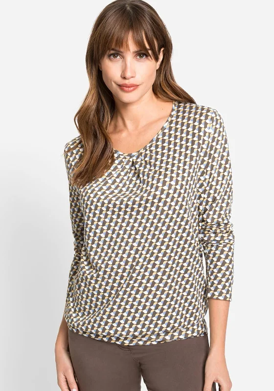 Weekend Deals to Brighten Your Day Olsen Geo Print Long Sleeve T-Shirt, Brown Blue Multi