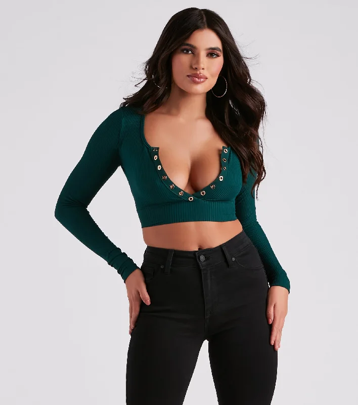 Major Savings Stylish Staple Henley Crop Top