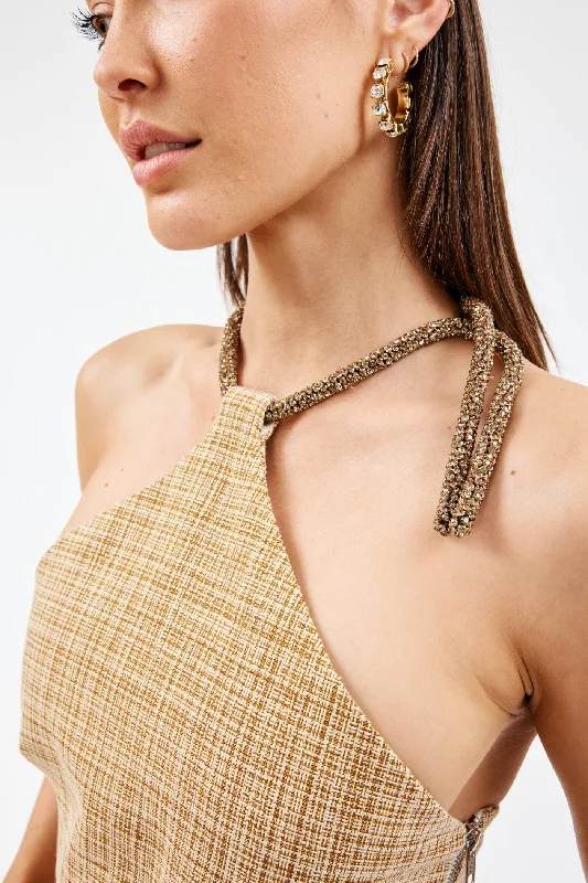 Super Deal Crystal T-Bar Natural Check Halter Top