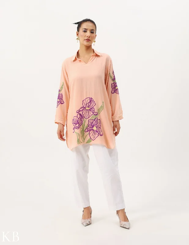 Must-Have Deals Orris Hand Aari Long Creamy Peach Rayon Shirt