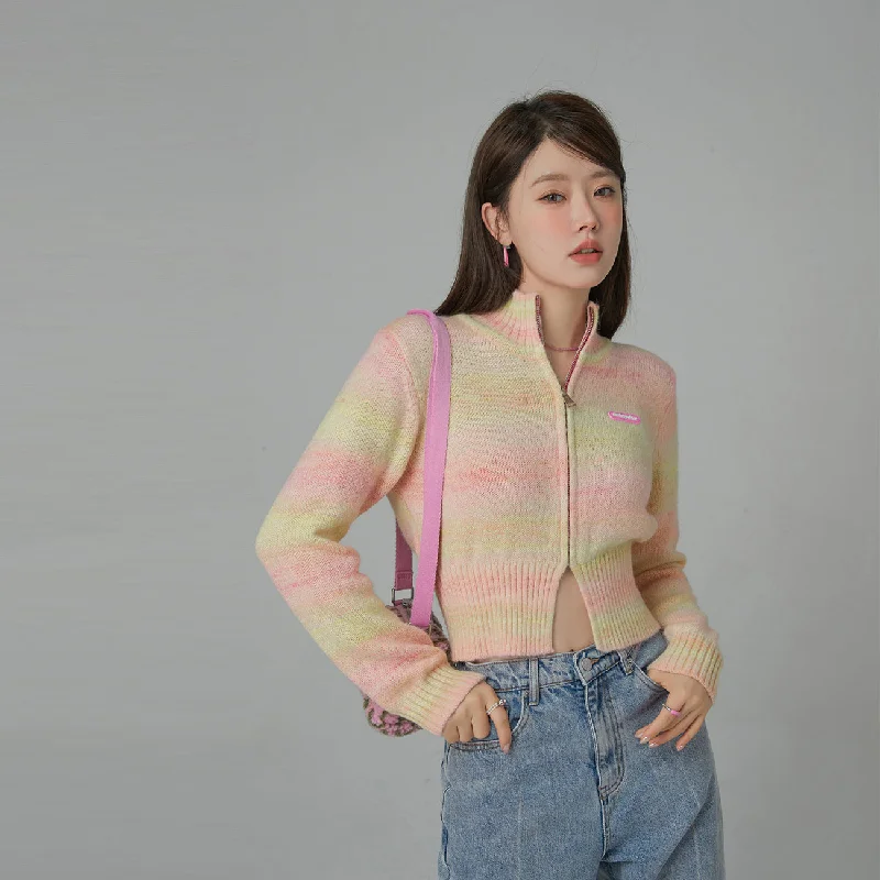 Quick Deals High-Neck Pastel Cropped Zip-Up Cardigan