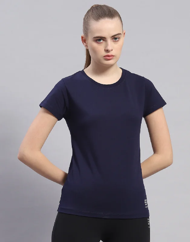 The Best Prices Women Navy Blue Solid Round Neck Half Sleeve Top
