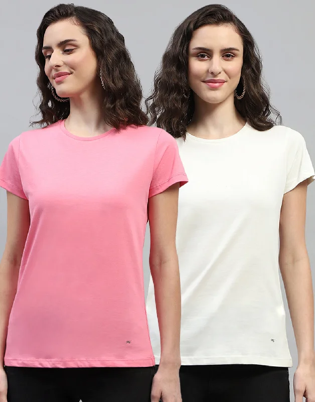 Weekend Offers That Delight Women Off White & Pink Solid Round Neck Half Sleeve Top (Pack of 2)