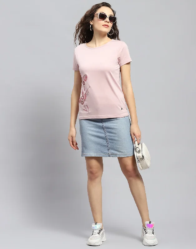 Savings Event Women Pink Embellished Round Neck Half Sleeve Top