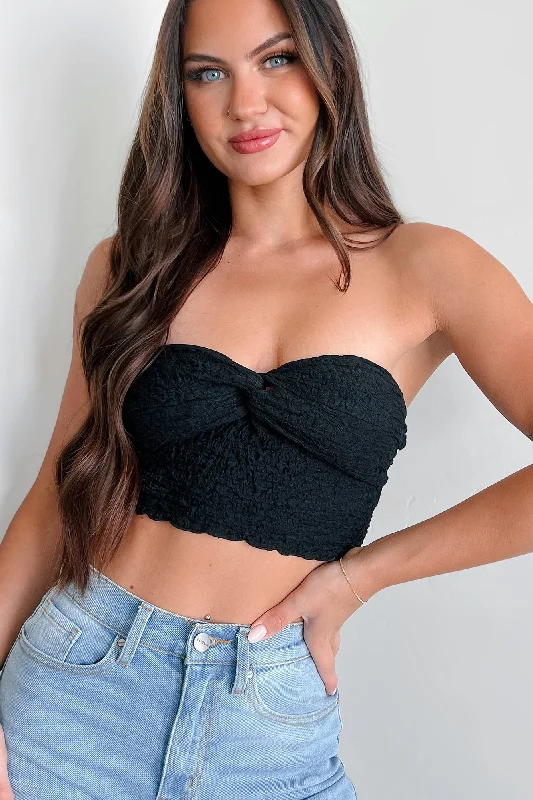 Weekend Deals to Make You Happy Tampa Nights Twist-Knot Textured Tube Top (Black)