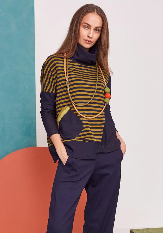 Flash Deal Naya Striped Contrast Panel Roll Neck Top, Navy & Green