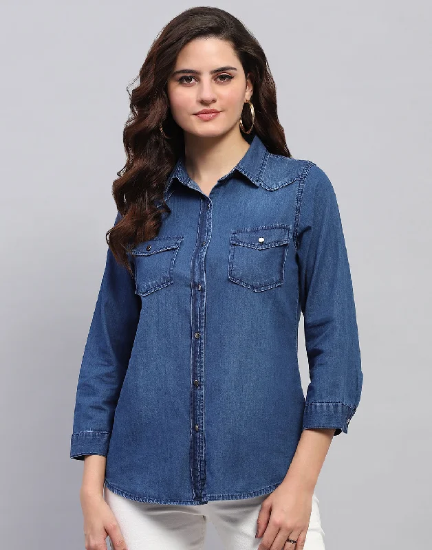 Deal Zone Women Blue Light Wash Front Open 3/4 Sleeve Top