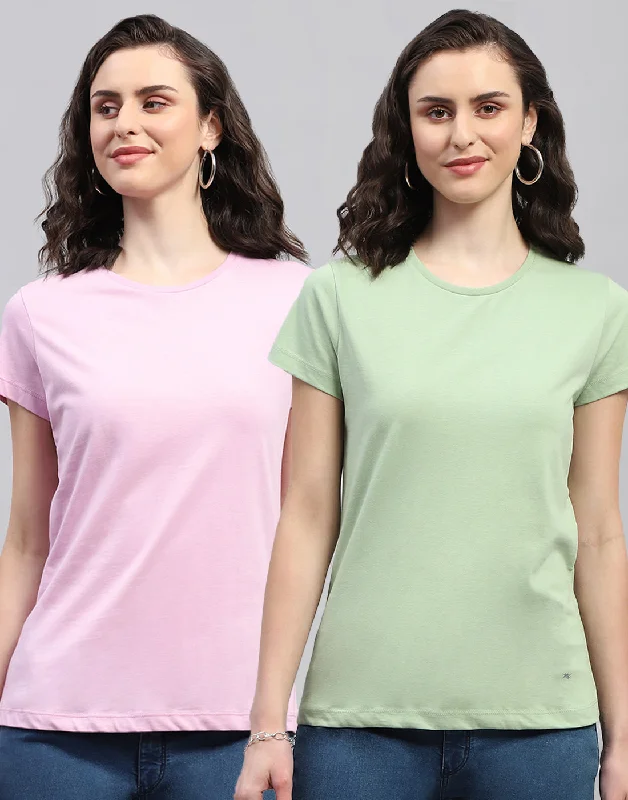 Weekend Savings Galore Women Purple & Olive Solid Round Neck Half Sleeve Top (Pack of 2)