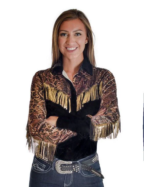 Weekend Deals That Dazzle Cowgirl Tuff Womens Animal Fringe Black Polyester L/S Shirt