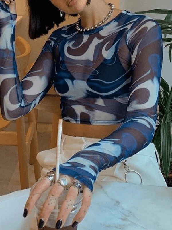 Final Clearance Mesh Long Sleeve Marble Print Crop Top
