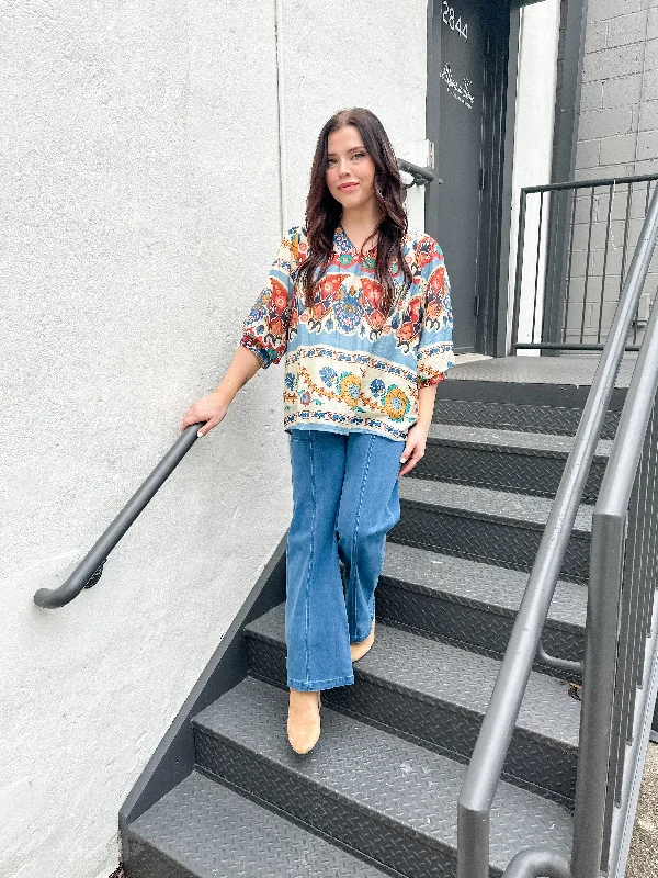 Big Discounts Puff Sleeve Abstract Print Top