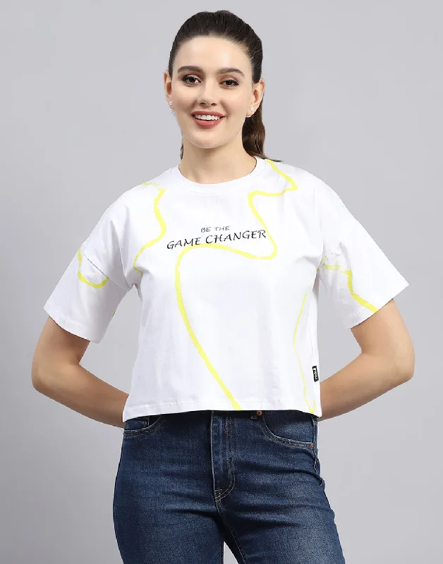 YEAR-End Clearance Women White Printed Round Neck Half Sleeve Top