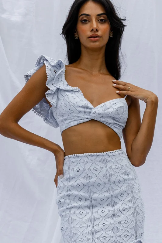 Deep Savings Talk About Me Ruffle Shoulder Twist Bust Crop Top Steel Blue