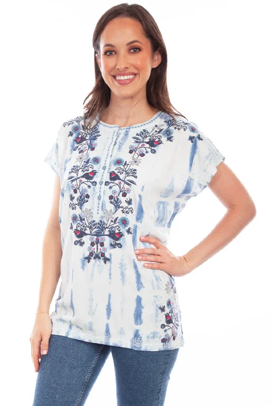 Extra Savings Scully Womens Light Blue Viscose Tie-Dyed Vines S/S Blouse