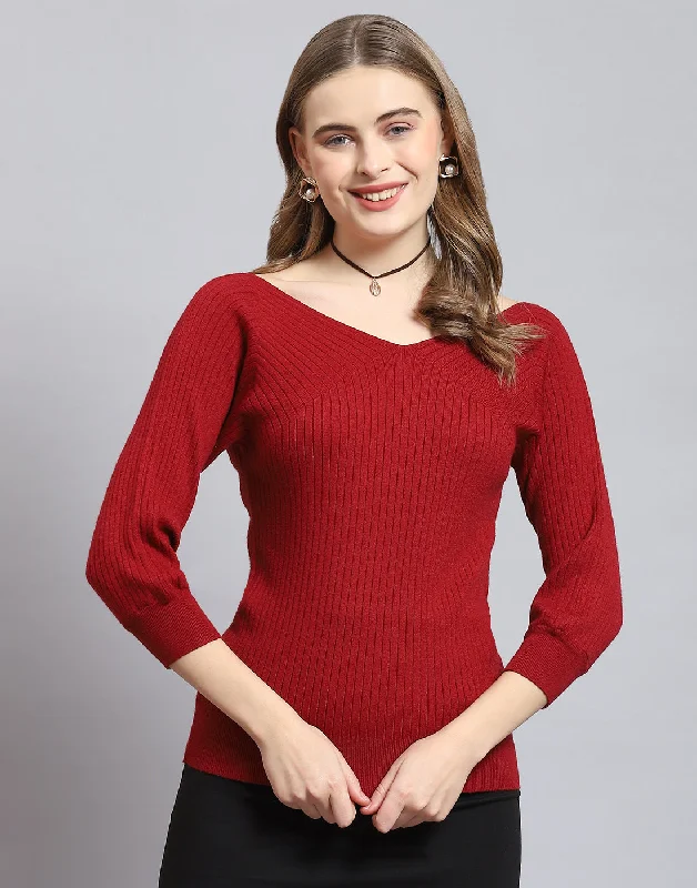 Online Specials Women Maroon Solid V Neck 3/4 Sleeve Top
