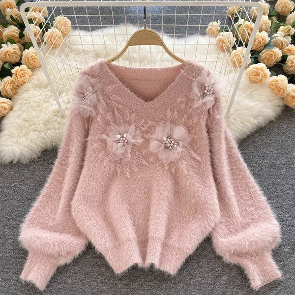 Overstock High-end three-dimensional beaded flower V-neck sweater retro knit sweater top    S595