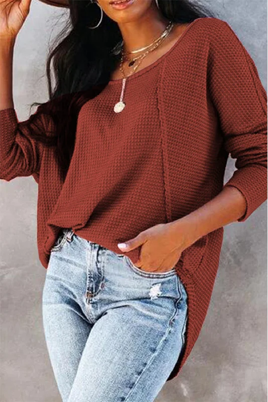 Weekend Savings Spectacular Red Waffle Knit Patchwork Casual Long Sleeve Top