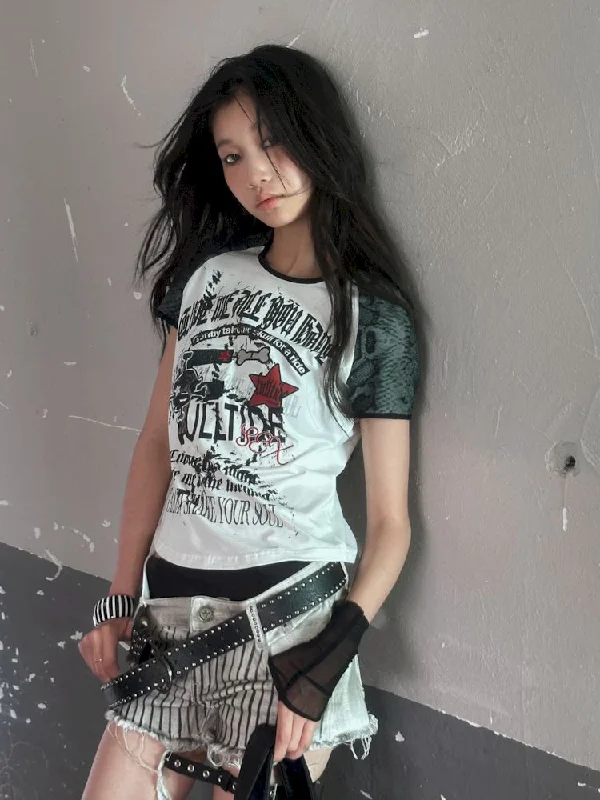 New Markdowns American Vintage Letter Embroidery Knit Short Sleeve T-Shirt [S0000008507]
