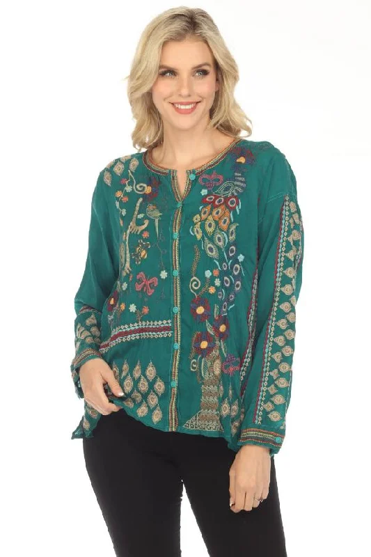 Shop and Save Johnny Was Green Rio Embroidered Button Front Blouse Boho Chic C18023