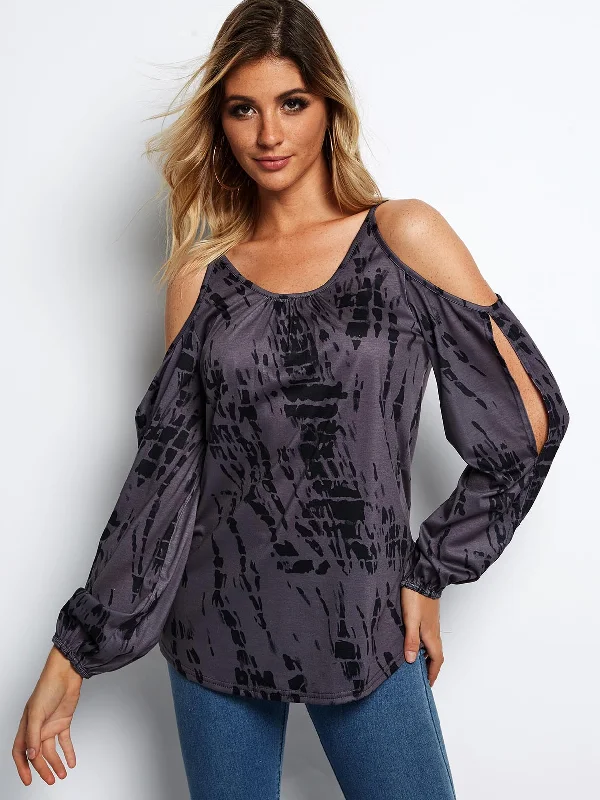 Super Savings Custom Round Neck Printed Cut Out Long Sleeve Purple T-Shirts