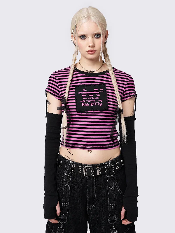Crazy Deals Bad Kitty Pink Striped Detachable Sleeve Top