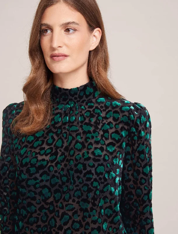 Midnight Sale Thalia Devoré Blouse - Green Leopard Devoré