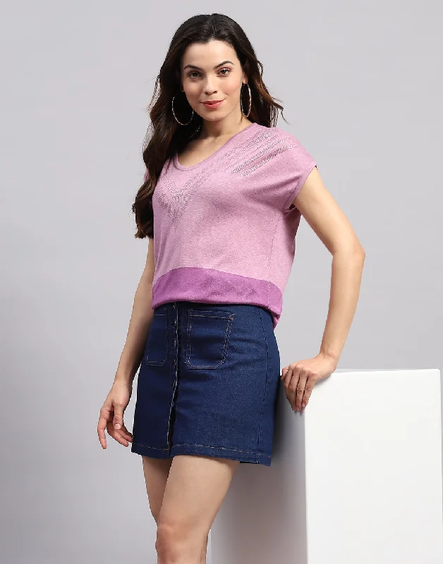 Weekend Bargains Just for You Women Purple Self Design Round Neck Half Sleeve Top