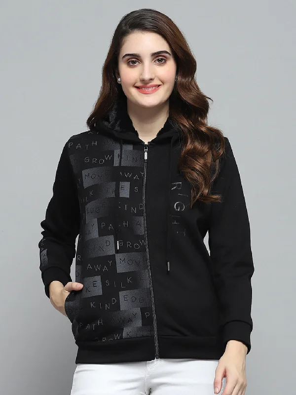 Special Promotion Women Black Printed Hooded Full Sleeve Sweatshirt