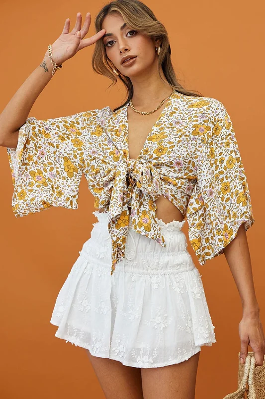 Weekend Discounts to Savor Rivera Deep-V Tie Front Crop Top Floral Print White/Yellow
