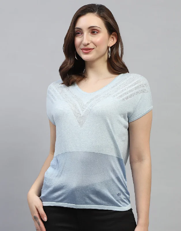 Weekend Offers That Dazzle Women Sky Blue Self Design Round Neck Half Sleeve Top