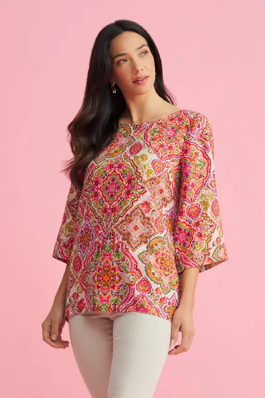 Weekend Specials to Delight French Linen Button Detail Top - Pink Tile Print