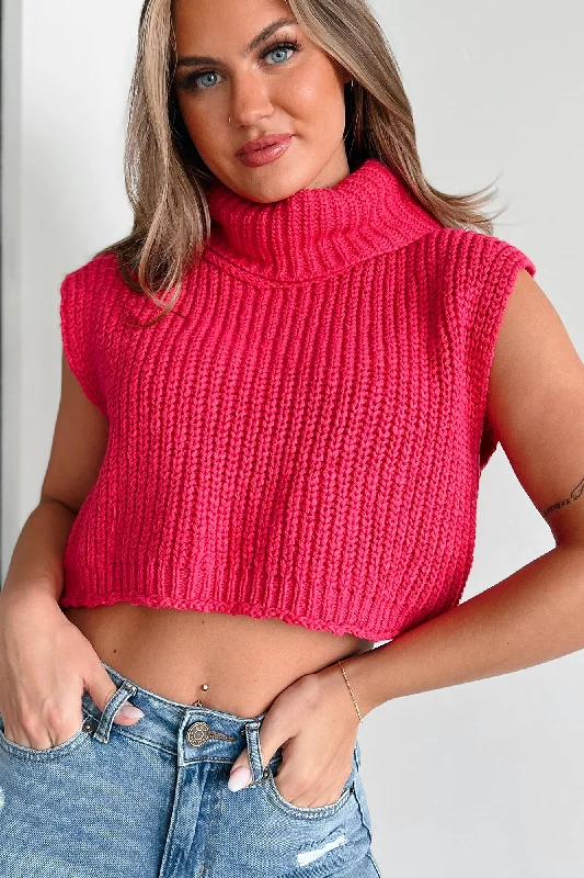 Clearance Sale In My Fun Era Sleeveless Crop Turtleneck Sweater (Hot Pink)