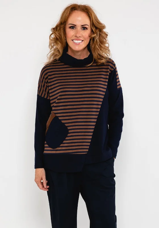 Stock Up Naya Striped Contrast Panel Roll Neck Top, Navy & Brown