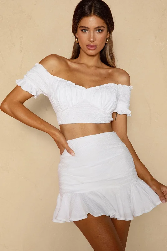 The Best Deal Rise And Shine Shirred Bodice Tied Back Crop Top White