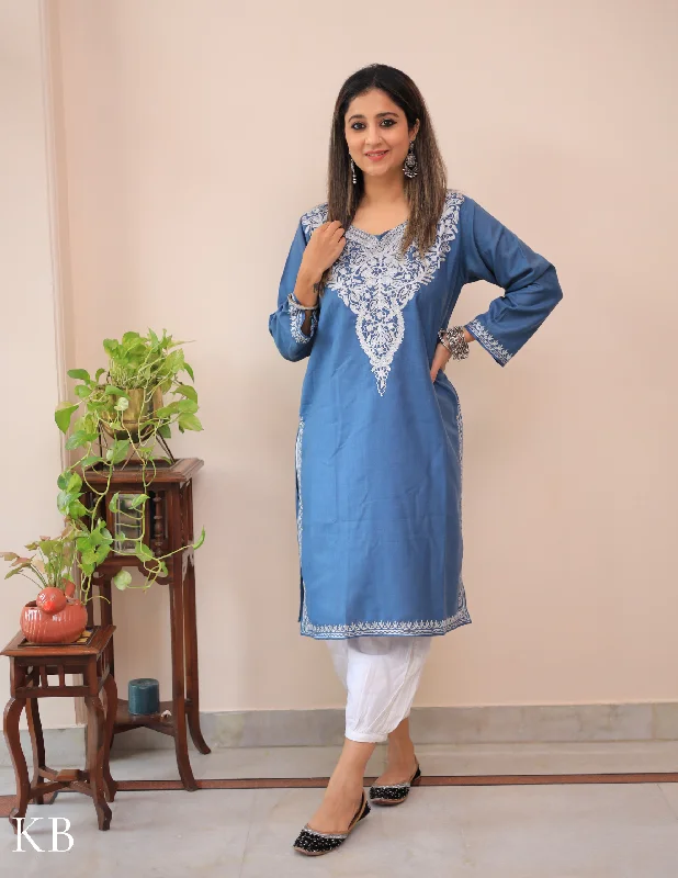 Super Savings Light Blue Zari Embroidered Cotton Kurti