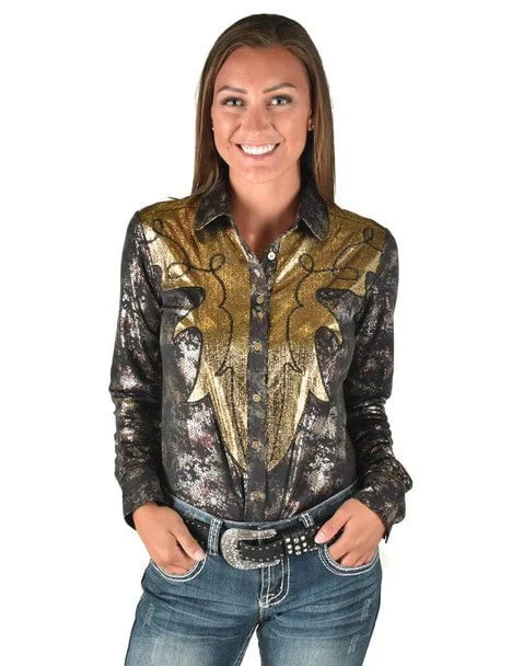 Weekend Discounts Worth Grabbing Cowgirl Tuff Womens Western Metallic Black/Gold Polyester L/S Shirt